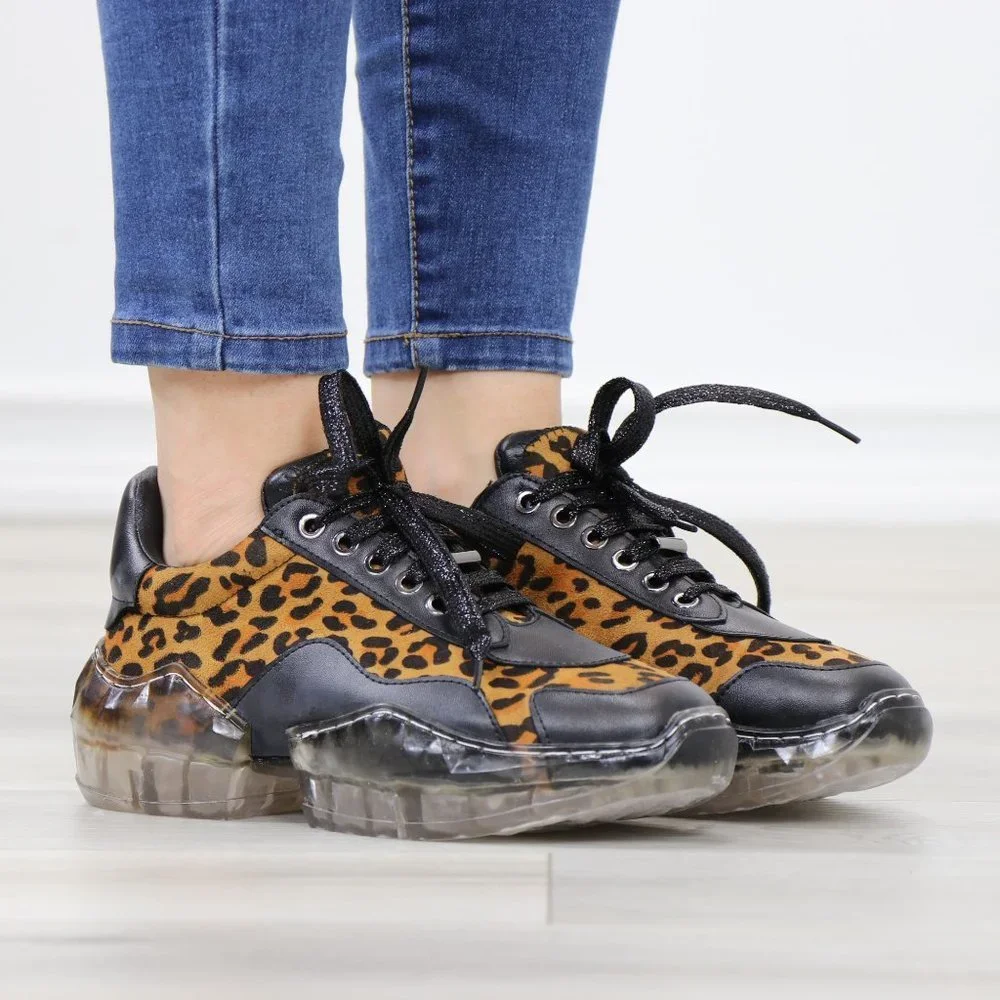 Animal Leopard Print Women's Fashion Chunky Heel Sneakers Shoes - Picture 2 of 15